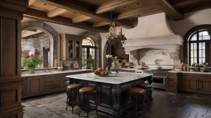 Lavish French country kitchen of carved wood cabinetry, patterned tile floors, antique wood beams, and stone range alcove
