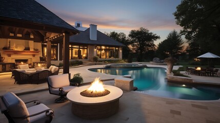 Lavish outdoor living area with two-sided fireplace, beamed pavilion, infinity edge pool, sunken fire pit conversation area and kitchen