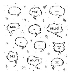 Vector bubbles hand drawn with hello, OK, yes, boo, what. Abstract lines and other doodle elements are hand drawn for conceptual design. A set of vector illustrations of icon templates for decoration. - 767987962