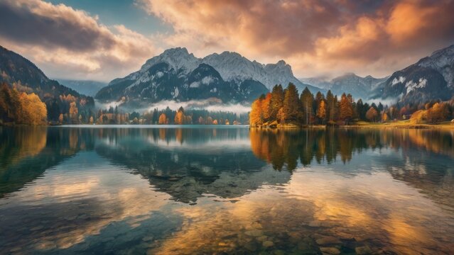 Experience the beauty of autumn at Hintersee lake, where vibrant colors paint a stunning morning view of the Bavarian Alps on the Austrian border in Germany, Europe. This picturesque scene embodies