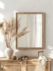 Wooden boho frame on white background mockup. Used as home interior decoration.