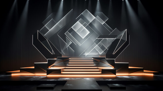  A modernistic model podium featuring geometric shapes and geometric patterns, set against a backdrop of cascading digital projections, evoking a sense of futuristic allure. 