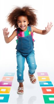 A full body photo of a happy little girl with curly hair wearing denim overalls and a colorful striped t-shirt, sneakers, in a playful pose with a smiling face. children fashion concept