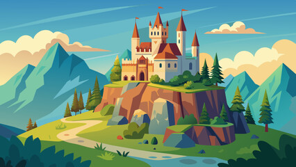 vector majestic medieval castle on a hilltop © Vector illustration