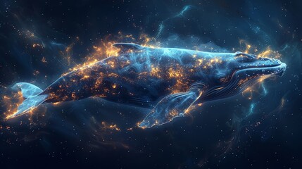 Artistic depiction of a bowhead whale, glowing with vitality, symbolizing its remarkable DNA repair abilities against cancer no contrast