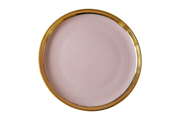 Top view of a minimalist pink ceramic plate with a shiny golden rim, isolated on white background,...