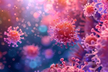 A microscopic view of a virus outbreak, floating cells, macro shot of the flu, covid, influenza. - obrazy, fototapety, plakaty