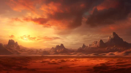 Poster Baksteen  A rugged desert landscape with sand dunes stretching to the horizon under a blazing sun.