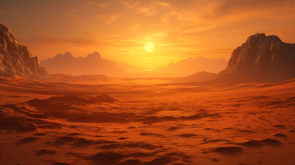  A rugged desert landscape with sand dunes stretching to the horizon under a blazing sun.