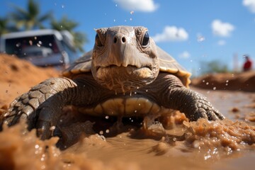 Land turtle excavates shelter in the sand., generative IA - obrazy, fototapety, plakaty