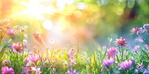 Obraz na płótnie Canvas Beautiful spring meadow with grass and flowers in sunlight background banner, spring themed designs, nature projects, backgrounds, greeting cards, and floralthemed marketing materials.