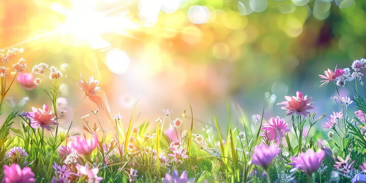 Beautiful spring meadow with grass and flowers in sunlight background banner, spring themed designs, nature projects, backgrounds, greeting cards, and floralthemed marketing materials.