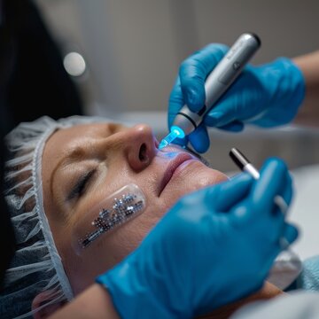 A mature woman receiving a facial aesthetic treatment, her eyes closed in relaxation as a professional applies equipment to her nose.