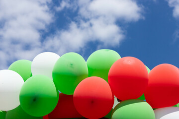 Multicolored balloons at the city festival. Holiday concept.