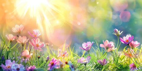  Beautiful spring meadow with grass and flowers in sunlight background banner, spring themed designs, nature projects, backgrounds, greeting cards, and floralthemed marketing materials. - obrazy, fototapety, plakaty