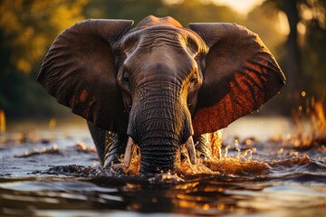 Majestic elephant refreshes in a sunny river., generative IA - obrazy, fototapety, plakaty