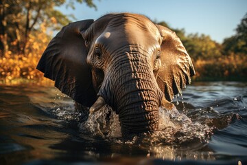 Majestic elephant refreshes in a sunny river., generative IA