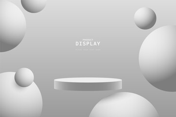 Gray studio room. 3d cylinder podium realistic floating or flying on the air, Scene with sphere balls flying. design for show cosmetic or product display presentation. Abstract 3d vector rendering