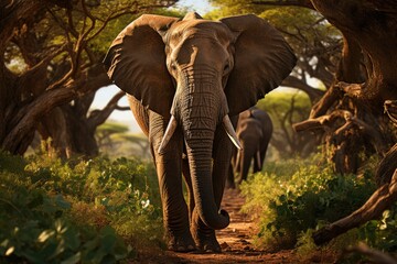 Elegant elephant reaches high leaves., generative IA - obrazy, fototapety, plakaty