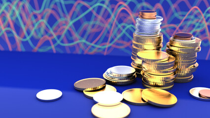 Golden, silver and bronse coins on a table