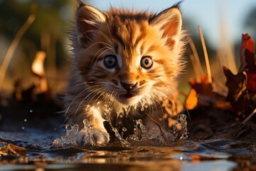 Lion puppy plays with his puddle reflection., generative IA - obrazy, fototapety, plakaty