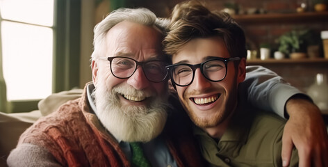 A man and a young man are smiling and hugging each other - obrazy, fototapety, plakaty
