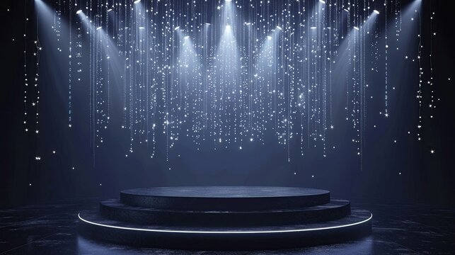 Futuristic AR podium with live data analytics visuals floating above for conferences ,3D render