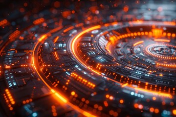 A futuristic 3D visualization of digital currency and blockchain technology, symbolizing the future of finance and business