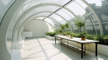 Light and airy minimalist indoor greenhouse with curved glass walls and ceilings integrated into a modern home design - Powered by Adobe