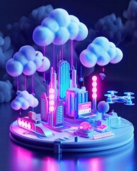 Innovative 3D Tech Hub illustration, neonlit, with drones and AI technology , 3D render