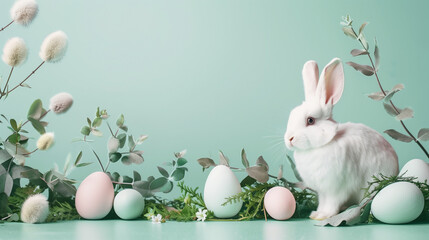 Naklejka na ściany i meble Easter banner with white rabbit, pastel eggs and greenery on mint pastel background. Easter holiday concept, cartoon, Easter golden eggs and white flowers on on pastel pink background. Holiday concept