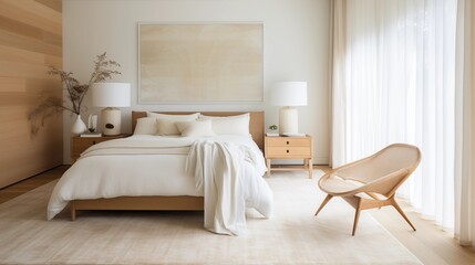 Light and airy Scandinavian bedroom with natural grasscloth wallcoverings