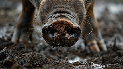 Capturing the essence of swine's innate behavior, an extreme close-up delves into the intricate movements of a pig's snout as it fervently roots in the muddy terrain.