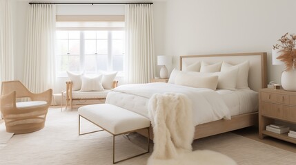 Light and airy Scandinavian bedroom with natural grasscloth wallcoverings