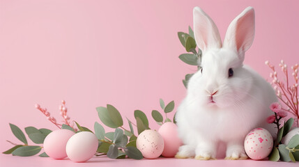 Naklejka na ściany i meble Easter banner with white rabbit, pastel eggs and greenery on pink pastel background. Easter holiday concept, cartoon, Easter golden eggs and white flowers on on pastel pink background. Holiday concept