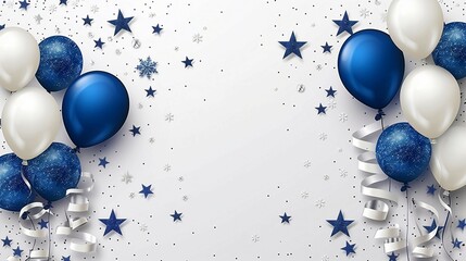 White background with blue and silver balloons,ribbons,snowflakes,stars, celebration,festivel.