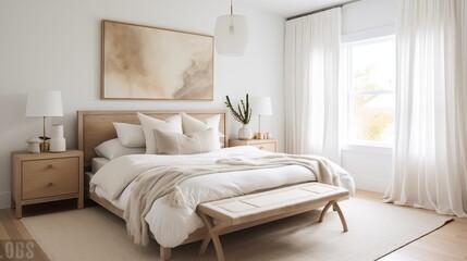 Fototapeta na wymiar Light and airy Scandinavian bedroom with natural grasscloth wallcoverings