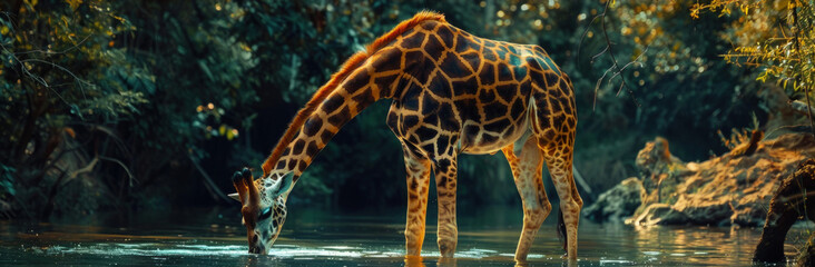 Fototapeta premium A giraffe is bending down to drink water from a river, with trees in the background