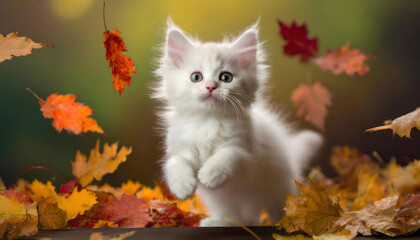 白い子猫が紅葉した葉で遊んでいる様子 - obrazy, fototapety, plakaty