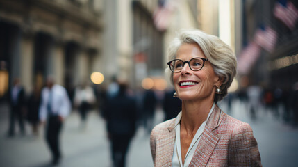  Beautiful woman in a business suit and glasses is walking in the city.