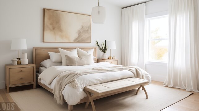 Light and airy Scandinavian bedroom with natural grasscloth wallcoverings