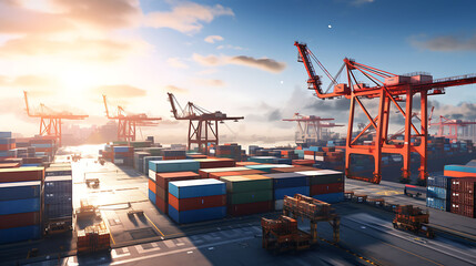 A busy shipping port with cranes loading and unloading containers from cargo ships.