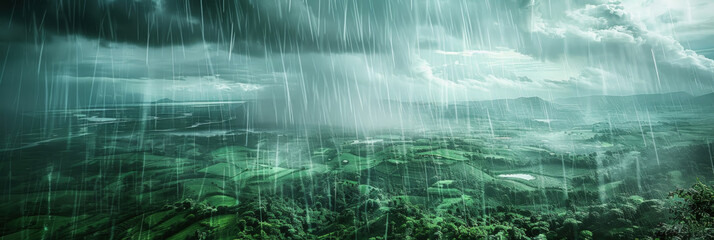 Rain falling from a cloudy sky onto a verdant landscape with trees, grass, and bushes
