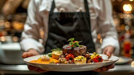 In this detailed macro shot, the graceful poise of a waiter's hand cradling a tray of gourmet cuisine serves as a testament to the exacting standards upheld by the hospitality workforce.