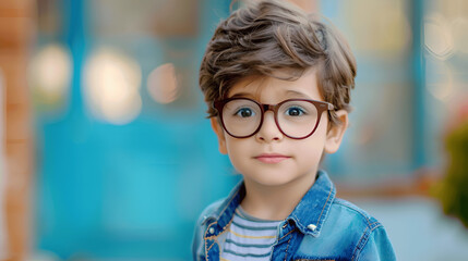 A handsome teen boy with glasses on blue background portrait photography - Smart nerd boy
