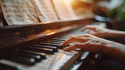Zooming in on the tactile artistry of piano playing, a macro lens unveils hands dancing across...