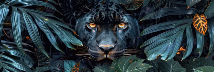 Fotobehang A black panther with intense gaze nestled among vibrant foliage in the jungle © sommersby