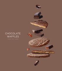 Creative layout made of stroopwafel, cacao beans and chocolate on the brown background. Flat lay....