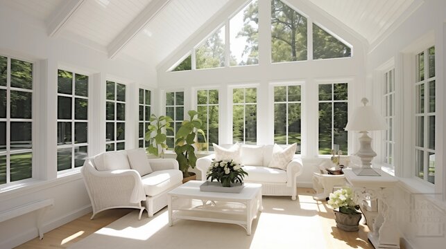 Light and bright sunroom with vaulted ceilings, window walls, and seamless outdoor transition