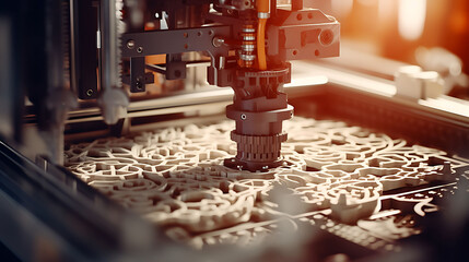 A close-up of a 3D printer in action, producing intricate industrial prototypes.